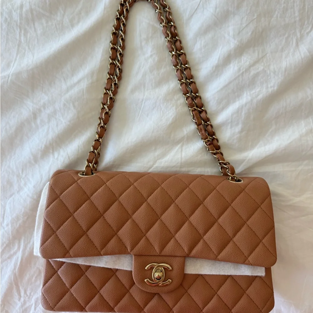 CHANEL Classic 11.12 Medium Double Flap in Camel Caviar Leather Gold Hardware